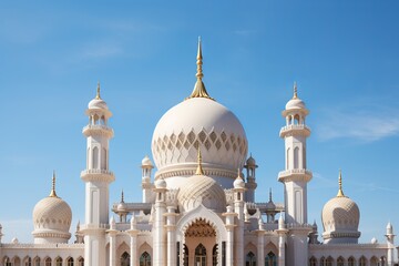 Fototapeta na wymiar Islamic Mosque With Clear Blue Sky Background, Ramadan Mosque, Eid Mubarak