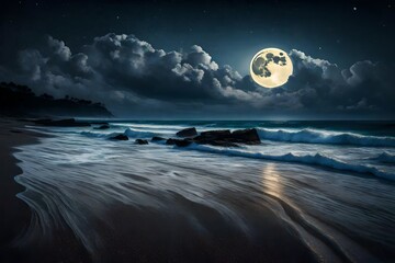 Moonlit night with waves crashing on a deserted beach - Powered by Adobe