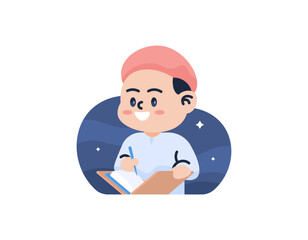 illustration of a boy reading the Koran. Muslim man who is reciting the Koran. gesture or pose. funny, cute and adorable characters. graphic elements of ramadan, eid al fitr, eid al adha. flat