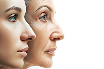 Aging process, rejuvenation anti-aging skin procedures old and young faces isolated on white background - obrazy, fototapety, plakaty