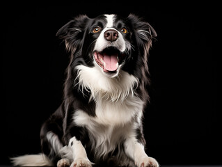 Close up portrait of cute happy black and white dog on black background
Generative AI	