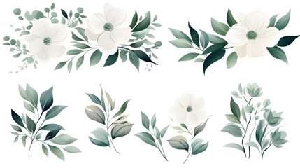 White flowers and green leaves watercolor collection isolated on white background
