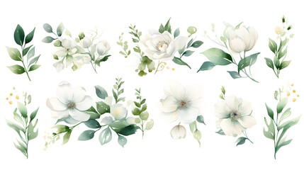 White flowers and green leaves watercolor collection isolated on white background - obrazy, fototapety, plakaty