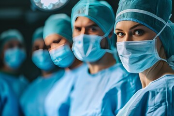 Diverse male and female surgeons with face masks doing surgery in hospital operating room - obrazy, fototapety, plakaty