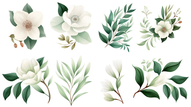 White flowers and green leaves watercolor collection isolated on white background © Oksana