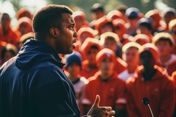 Inspiring high school football coach delivering a passionate speech, promoting leadership and motivation to a captivated sports team, Generative AI