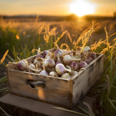 Garlic harvested in a wooden box with field and sunset in the background. Natural organic fruit abundance. Agriculture, healthy and natural food concept. Square composition.