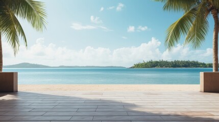 Serene beach view with palm trees and distant island