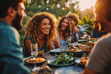 Outdoor gathering of friends and family around a table, laughing in sunlit warmth. A curly-haired woman & bearded man share a joyful moment while enjoying their, Generative AI - obrazy, fototapety, plakaty