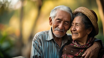 Authentic, candid shot of an elderly Hispanic couple outdoors, their love palpable, reflecting a Latin American immigrant's fulfilling retirement, Generative AI