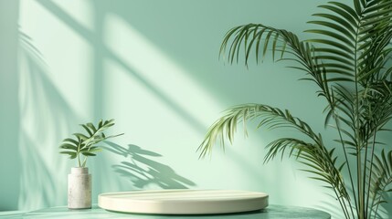 Fototapeta na wymiar Abstract background for presenting cosmetic products. Premium podium with tropical palm leaf silhouettes on a pastel green wall.