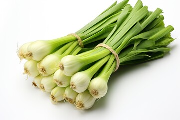 Two bunches of green fresh garlic isolated on a white background