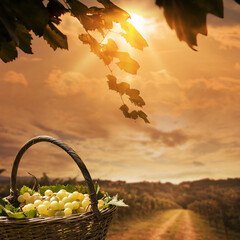 Basket with grapes and view of the vineyard