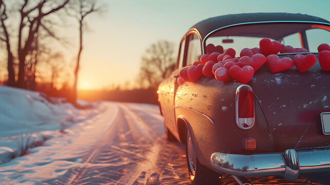 Red decorated vintage car in motion carrying Valentine's hearts in a winter countryside with snow cover in sunset backlight. © linda_vostrovska