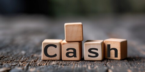 Wooden blocks with the inscription "Cash". Cube and Text. Dice, brick. Concept finance, cash, budget. Close-up, copywriting, business theme. Economy. Financial literacy. Saving money. Copy space