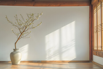 Minimal Elegance wallpaper with Delicate Shadows, Exuding Premium Serenity, Korean style, vase with white flowers. Mock up for products, prints.