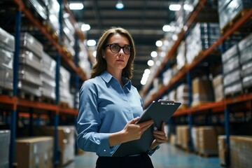 Confident businesswoman standing with clipboard in distribution warehouse, showcasing her leadership skills, efficiency, and expertise in logistics and supply chain management, Generative AI - obrazy, fototapety, plakaty