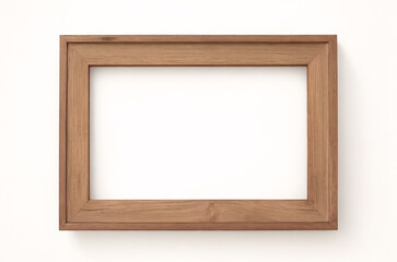 Marco vertical rectangular fino de madera clara colgado en una pared con textura blanca, plano, vista superior, ilustración 3D.