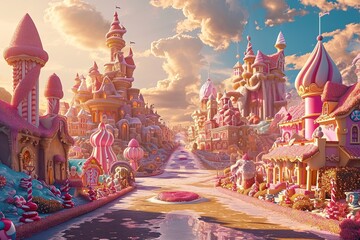 A magical castle at sunrise, buildings are made of candy and streets are paved with gold - obrazy, fototapety, plakaty