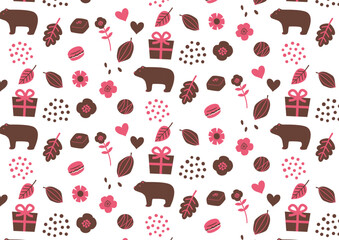 バレンタインモチーフ北欧風パターン　ピンク・ブラウン