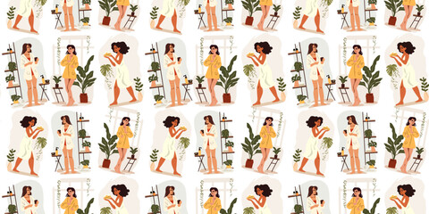 Fototapeta na wymiar Beauty seamless pattern with different young women with cosmetics in the bathroom, self-care, vector illustration in cartoon style