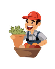 Young man with basket of food and houseplant, vector illustration in cartoon style