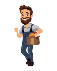 Obraz na płótnie Canvas Happy young male delivery man with food box, vector illustration in cartoon style