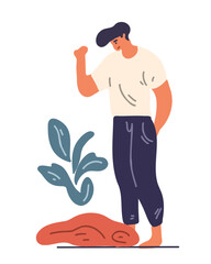 Young man near a flower, vector illustration in cartoon style