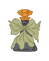 Beautiful bottle of perfume with a green bow, vector illustration in doodle, cartoon style
