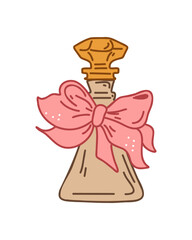 Beautiful bottle of perfume with a pink bow, vector illustration in doodle, cartoon style