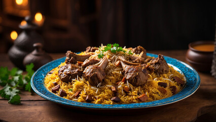 beauty of lamb biryani as it graces a traditional plate on a wooden table side view captures the intricate details of this culinary masterpiece