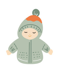 Little child in winter baby overalls, vector illustration in cartoon style