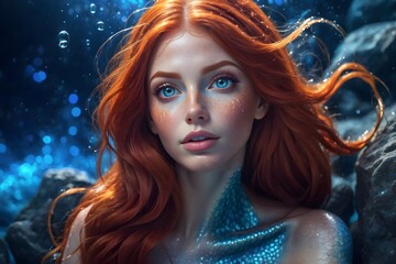 Meerjungfrau mit roten Haaren unter Wasser - obrazy, fototapety, plakaty