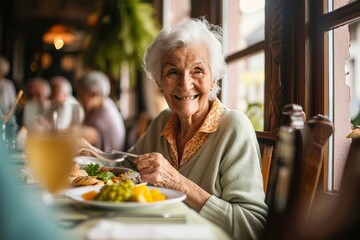 Senior woman in a retirement home, happily enjoying a healthy lunch, showcasing a lifestyle of well-being and contentment, Generative AI - obrazy, fototapety, plakaty