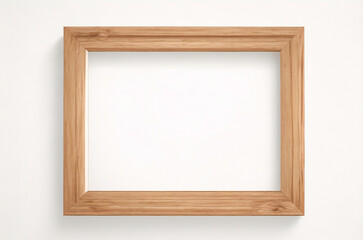 Marco vertical rectangular fino de madera clara colgado en una pared con textura blanca, plano, vista superior, ilustración 3D.