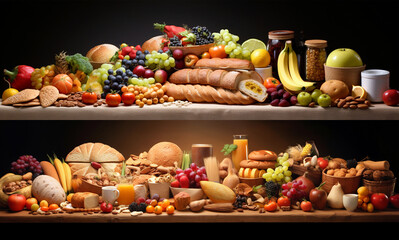 Obraz na płótnie Canvas arranged in groups close up fruits, vegetables, cereals, spices, bakery products, dairy products, sweets
