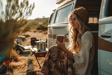 Young woman enjoying her morning coffee outside a retro, vintage camper van, living the van life in scenic beauty, Generative AI