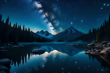 Fotobehang Enchanting night sky filled with stars over a serene mountain lake © Ateeq