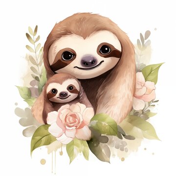 Mothers day concept, greeting card. Watercolor cute animals. Mommy sloth with baby. Generative AI