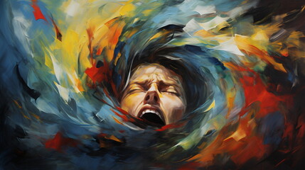 woman absorbed in emotions, paints