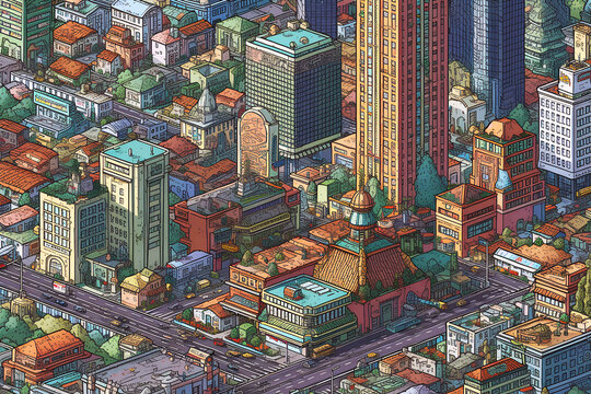 Pixel art of a bustling city