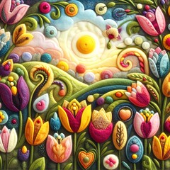 Fototapeta na wymiar Whimsical artwork of a radiant sun amidst colorful flowers and swirling patterns, crafted from a textured material. Evokes a joyful spring. Illustration in a style of felt art patchwork.