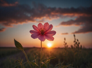 A pink flower growing on the field at sunset.