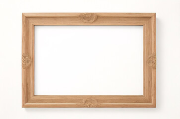 Fototapeta premium Marco vertical rectangular fino de madera clara colgado en una pared con textura blanca, plano, vista superior, ilustración 3D.