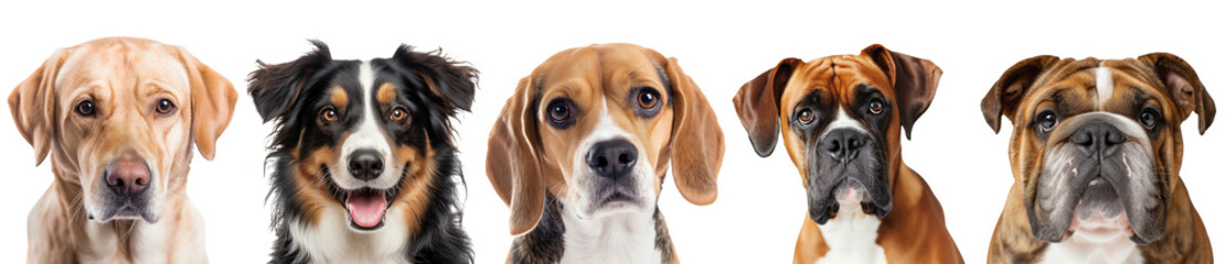 Fototapeta premium Cute dogs isolated on white transparent background. Labrador Retriever, Australian Shepherd, Beagle, Boxer, French bulldog