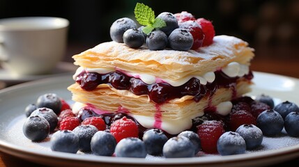 Authentic desserts with vanilla cream and raspberry and blueberry filling on puff pastry