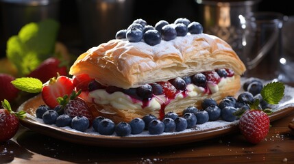Authentic desserts with vanilla cream and raspberry and blueberry filling on puff pastry
