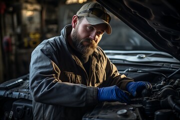 Experienced auto mechanic repairing car in mechanics garage - reliable automotive service center
