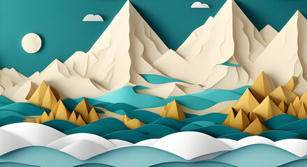 Illustration of an abstract sea and mountains paper cut art.