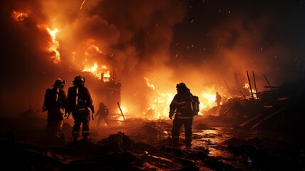 firefighters in the darkness of the night battle the flames, striving to prevent further destruction.